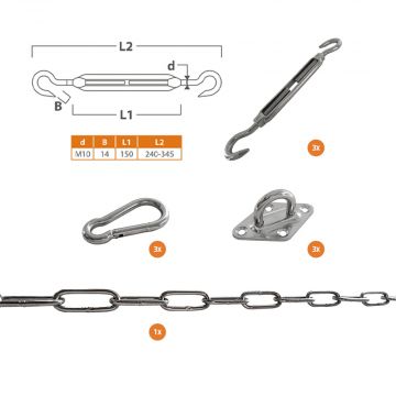 Schaduwdoek bevestigingsset driehoek RVS met M10 Spanner