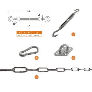 Schaduwdoek bevestigingsset driehoek RVS met M8 Spanner